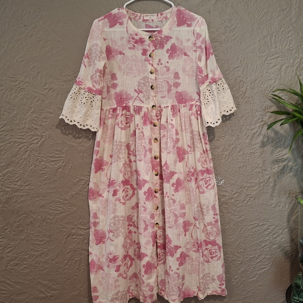 Bombay Pink Sundress with Bell Sleeves and Crew Neck Size S